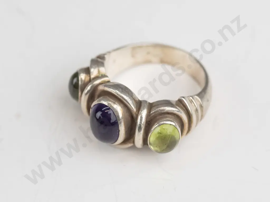 silver amethyst & tourmaline? ring stamped 925 Image 1++