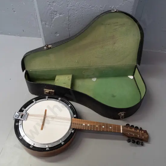 vintage G.H. & S English made banjo mandolin in case - some chipping to finish on rim, prob. needs restringing,