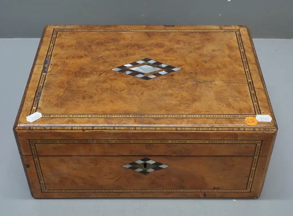 Victorian burr walnut jewellery box with boxwood and ebony stringing, rosewood and mother of pearl inlay, some Image 1++