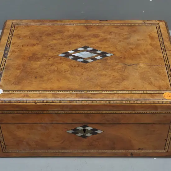 Victorian burr walnut jewellery box with boxwood and ebony stringing, rosewood and mother of pearl inlay, some
