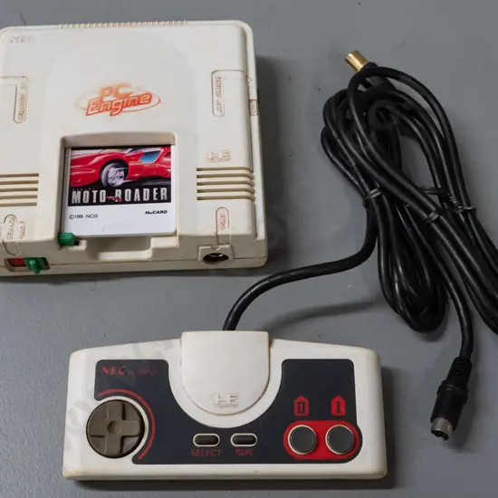 1980s NEC "PC Engine" (TurboGrafx-16) game console with one controller and Moto Roader game card - untested, some wear