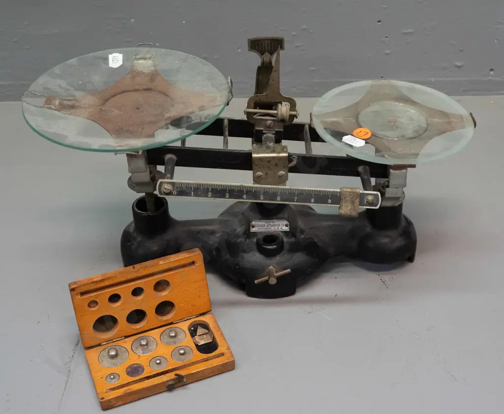 vintage Chicago Apparatus Co. balance scales with glass trays and box of weights - has some corrosion, one weight Image 1++