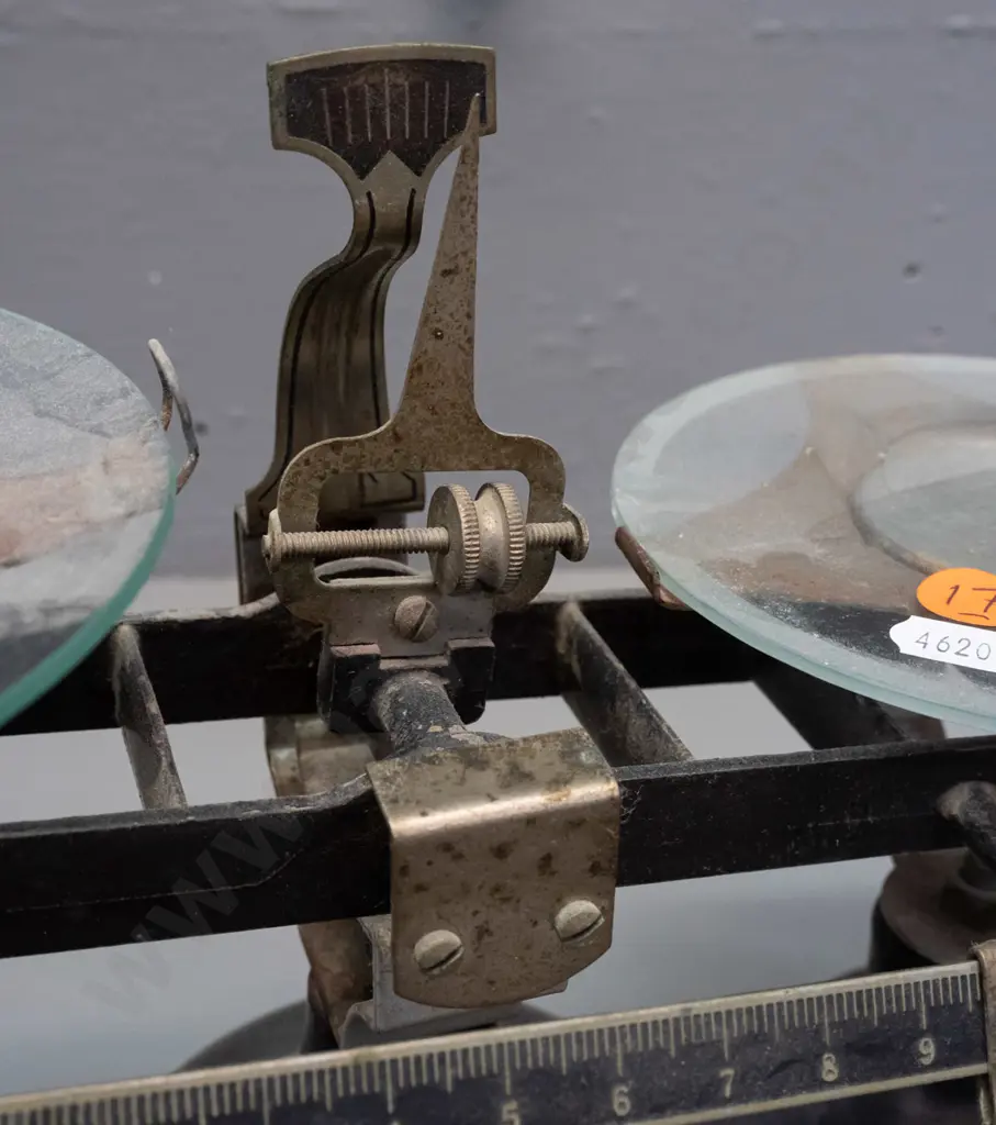 vintage Chicago Apparatus Co. balance scales with glass trays and box of weights - has some corrosion, one weight Image 1++