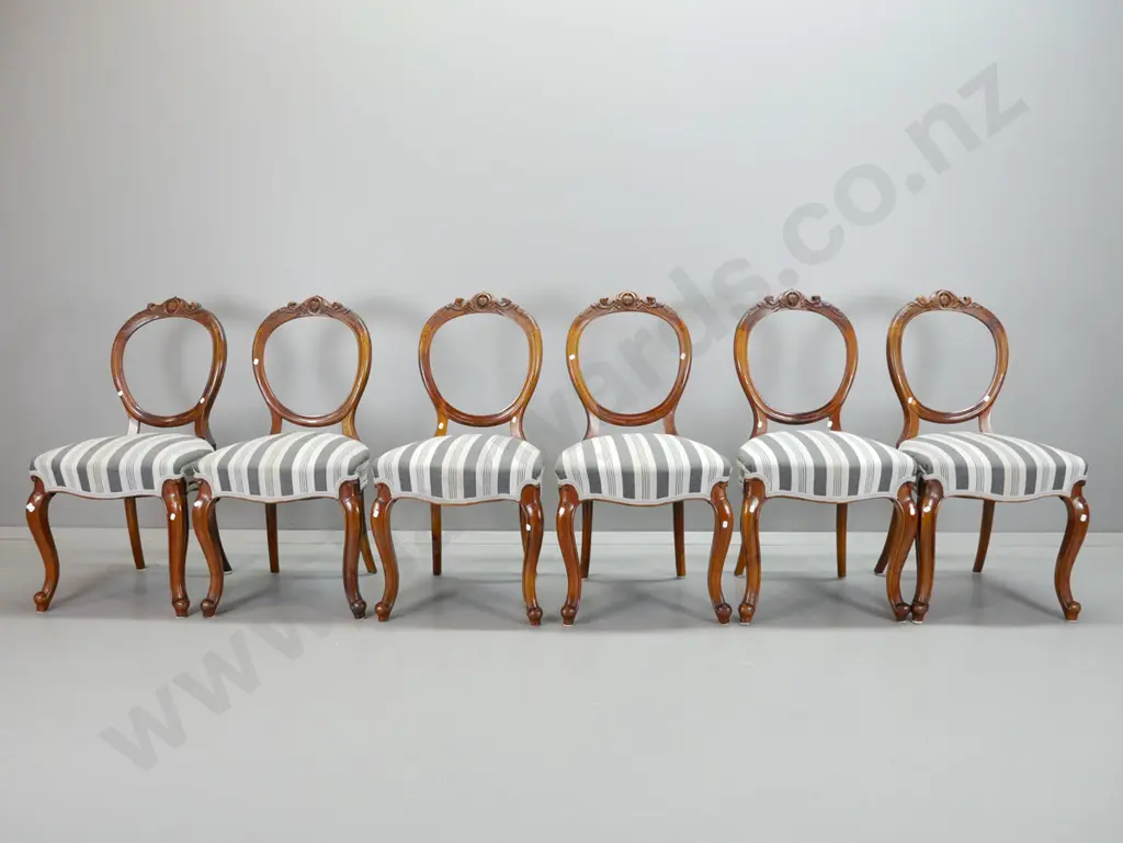 set of 6 Victorian walnut cab-leg balloon back dining chairs with carved crest on back, striped fabric upholstered seat. Image 1++