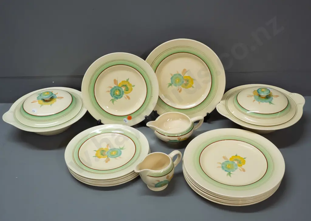 vintage hand painted Clarice Cliff Newport Pottery table ware - 2 lidded vegetable dishes, 7 large plates, 6 smaller and Image 1++