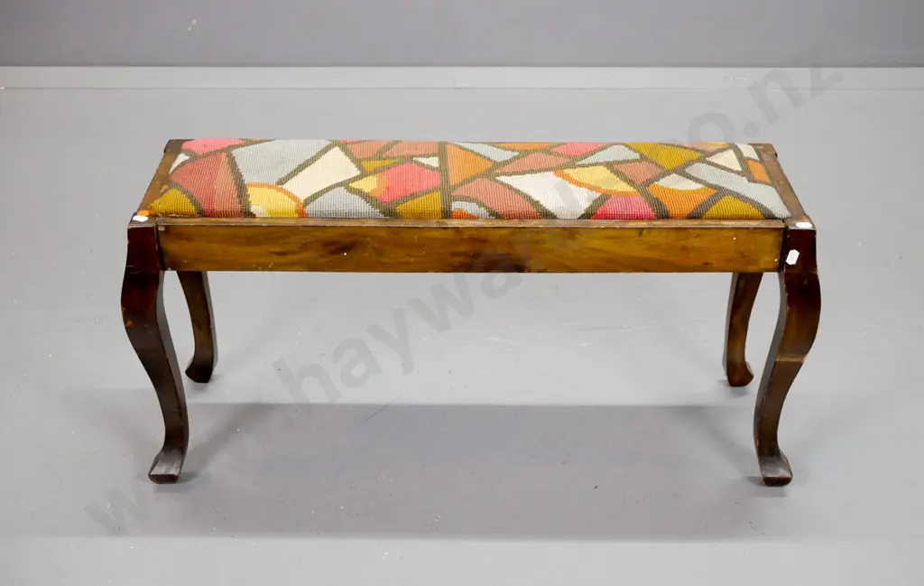 vintage beech cab-leg narrow rectangular stool, pop out upholstered seat - loose legs, upholstery stained and frayed. Image 1++