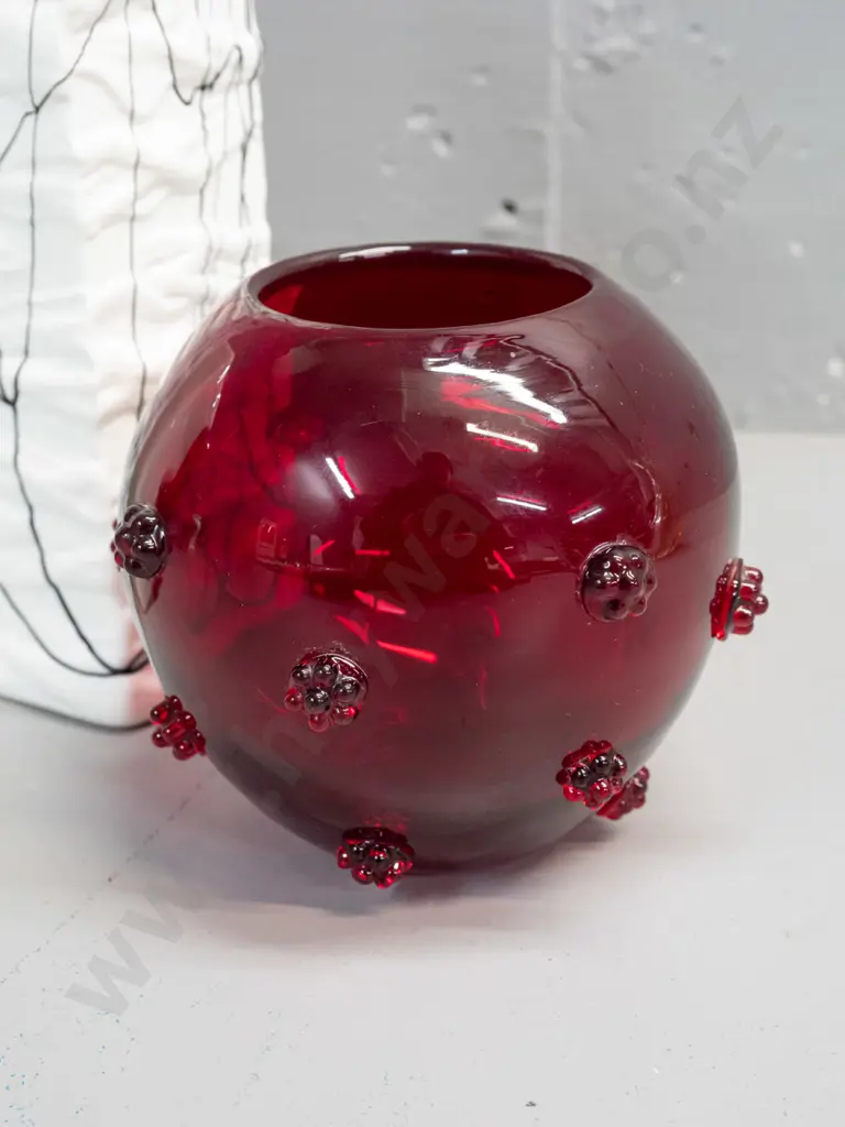3 glass vases - black & white double slab vase, textured white with black drip square section and a ruby red ball vase Image 1++