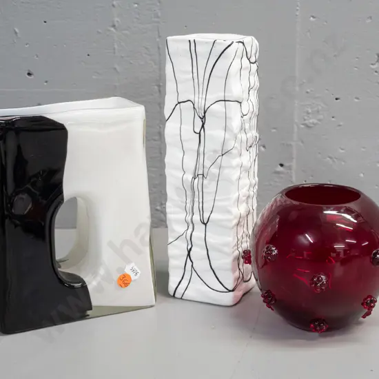3 glass vases - black & white double slab vase, textured white with black drip square section and a ruby red ball vase