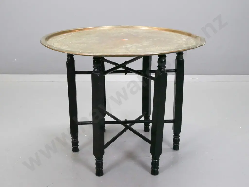 Japanese motifs etched brass tray top table with collapsible hexagonal timber and metal tube base, marked Kinco on Image 1++