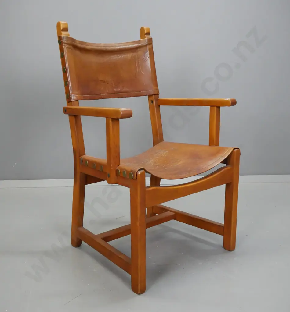 vintage leather slung mahogany fireside chair with large brass studding, back has tooled letter "P" - minor staining and Image 1++