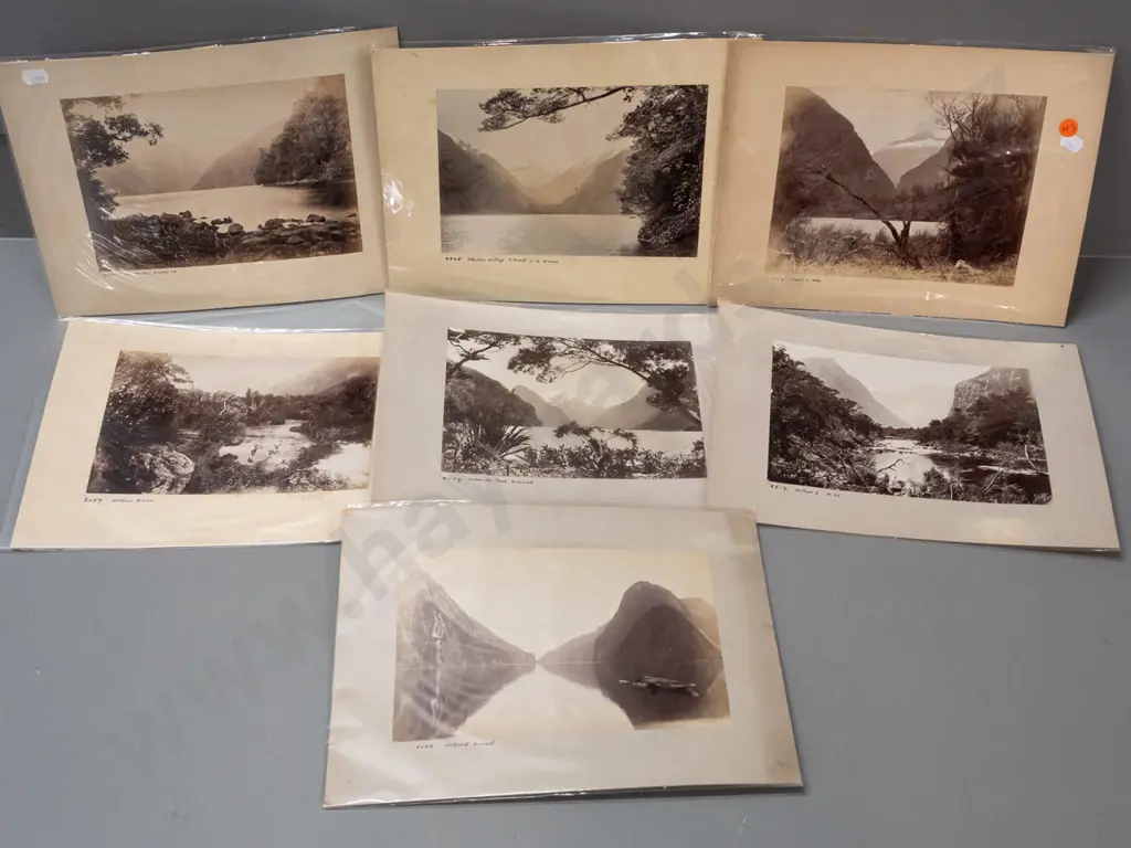 14 vintage NZ landscape photos mounted on 7 cards - Milford Sound, Lake Ada, Lake Te Anau, etc. - most with original Image 1++