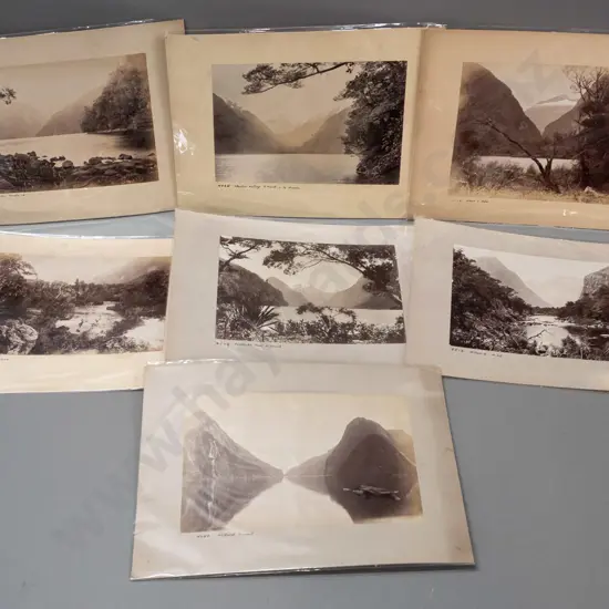 14 vintage NZ landscape photos mounted on 7 cards - Milford Sound, Lake Ada, Lake Te Anau, etc. - most with original