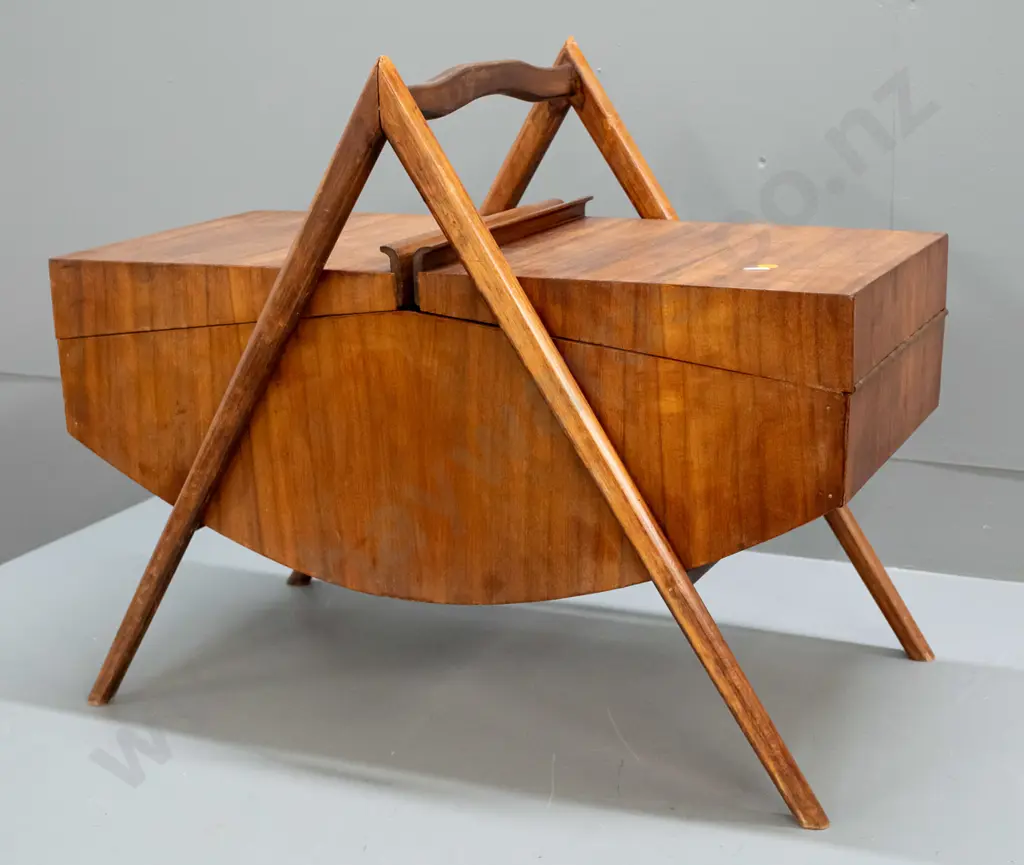 mid-century teak ply sewing box with fold out top, 2 storage trays with assorted thread and buttons H-500 W-610 D-320 Image 1++
