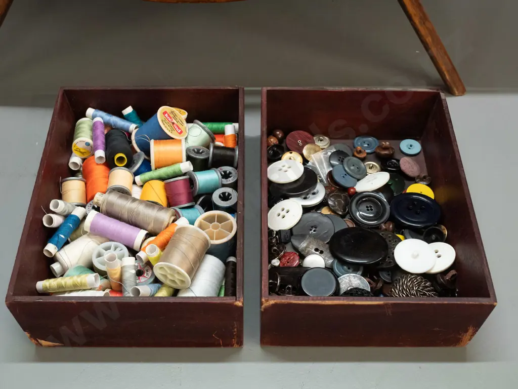mid-century teak ply sewing box with fold out top, 2 storage trays with assorted thread and buttons H-500 W-610 D-320 Image 1++
