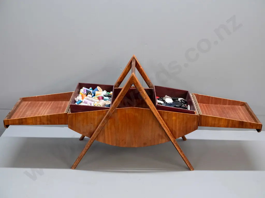 mid-century teak ply sewing box with fold out top, 2 storage trays with assorted thread and buttons H-500 W-610 D-320 Image 1++