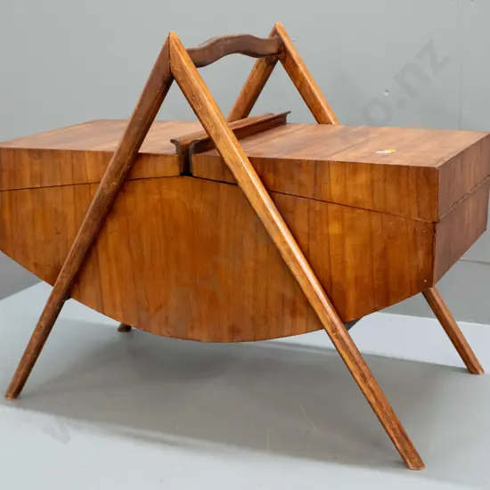 mid-century teak ply sewing box with fold out top, 2 storage trays with assorted thread and buttons H-500 W-610 D-320