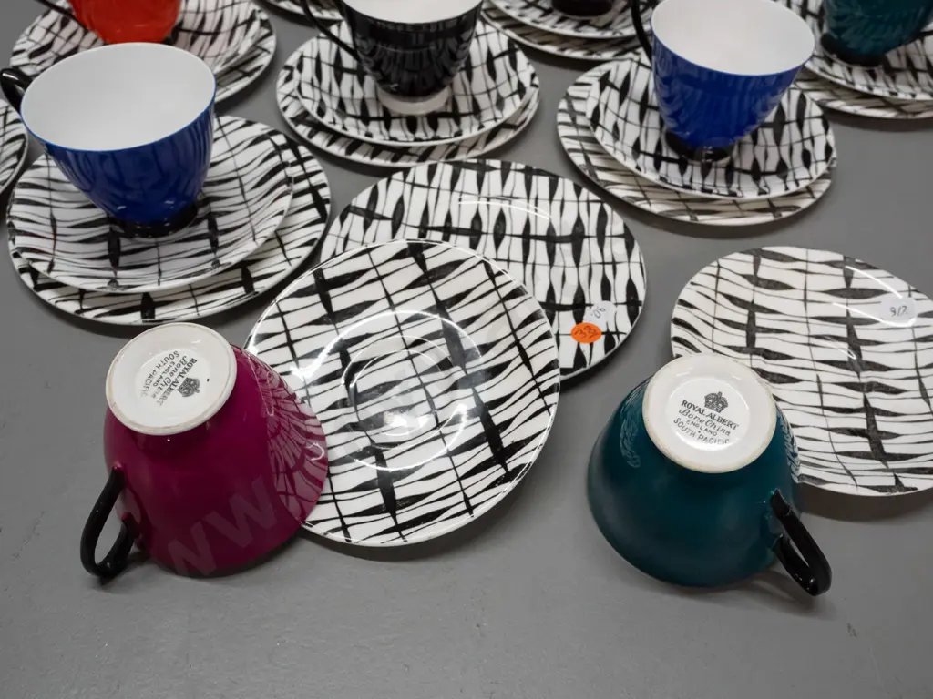 retro Royal Albert South Pacific teaware - 11 various colour cups, 10 saucers, 9 plates, most saucers and plates Image 1++