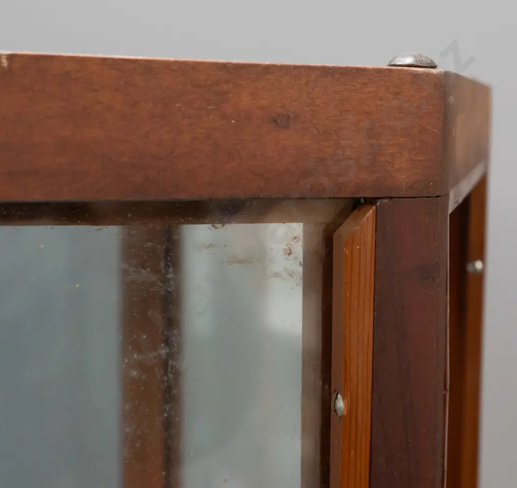 vintage hexagonal glazed timber display case on metal casters, one side has half panel and opening, 6 holes drilled in Image 1++