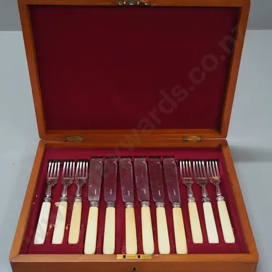 set of vintage bone-handled silver plated fish knives and forks in mahogany case, brass shield inlay in top