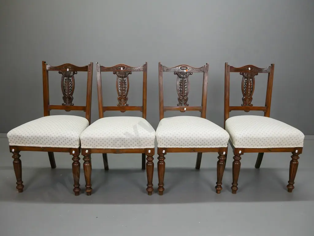 vintage walnut top beech framed drop-side gate leg tea table w/pad feet & 4 Edwardian mixed timber dining chairs with Image 1++