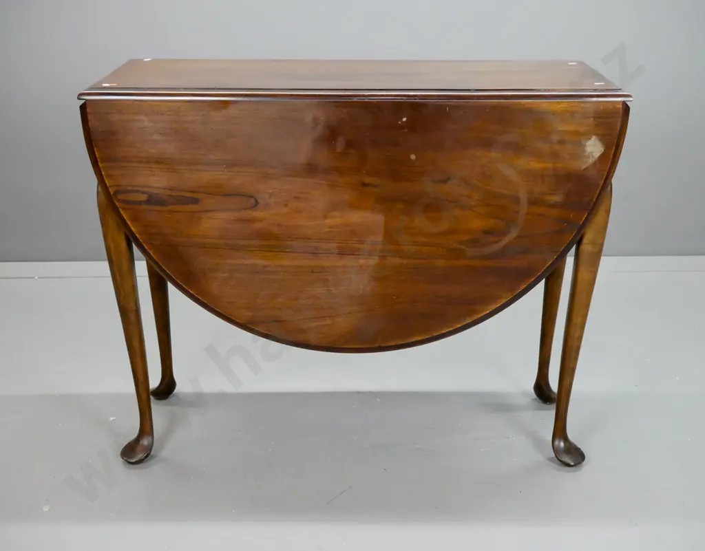 vintage walnut top beech framed drop-side gate leg tea table w/pad feet & 4 Edwardian mixed timber dining chairs with Image 1++