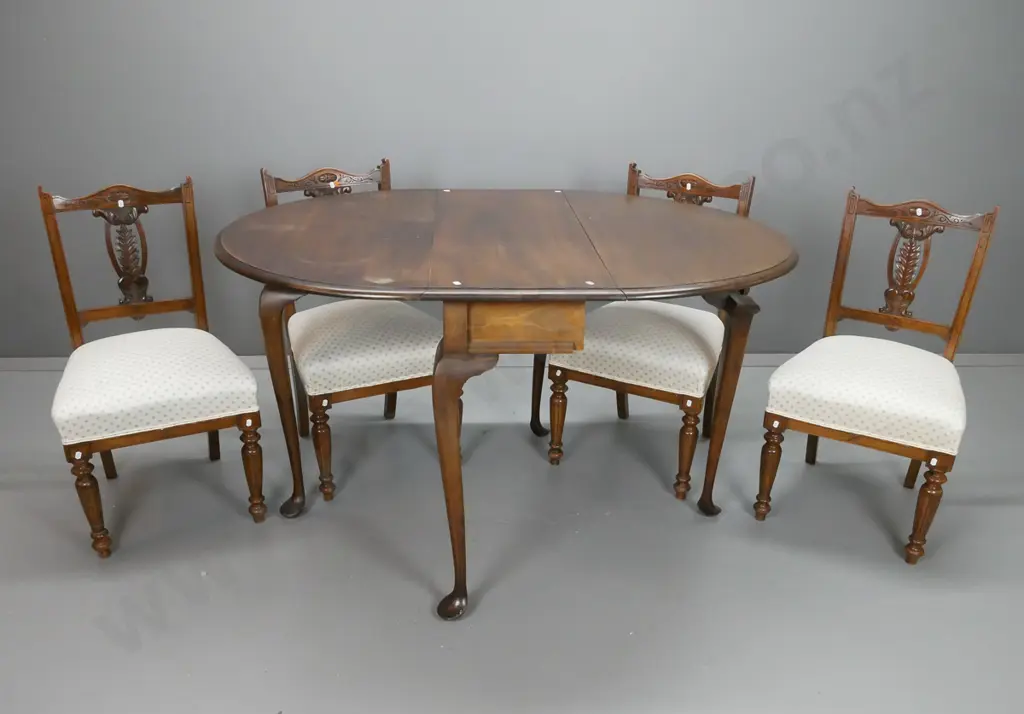 vintage walnut top beech framed drop-side gate leg tea table w/pad feet & 4 Edwardian mixed timber dining chairs with Image 1++