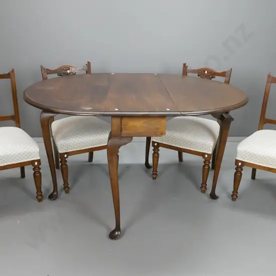 vintage walnut top beech framed drop-side gate leg tea table w/pad feet & 4 Edwardian mixed timber dining chairs with