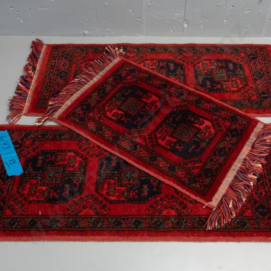 3 small Turkish style wool fringed rug pieces - red blue and greens, 2 larger size are L-830 W-340