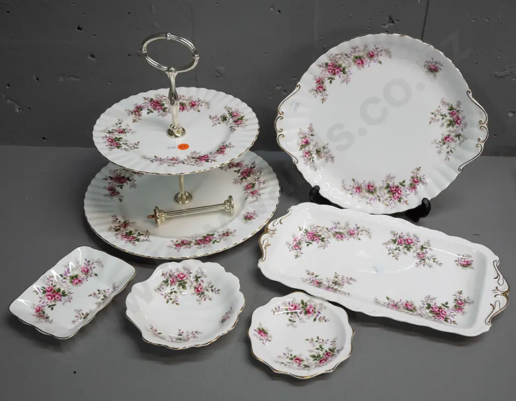 assorted Royal Albert Lavender Rose plates and dishes including 2-tier cake rack, sandwich tray, cake plate, 3 small Image 1++