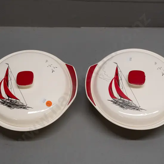 2 Palissey Red Regatta covered vegetable serving dishes - some chips to finish on lid handles H-80 L-240