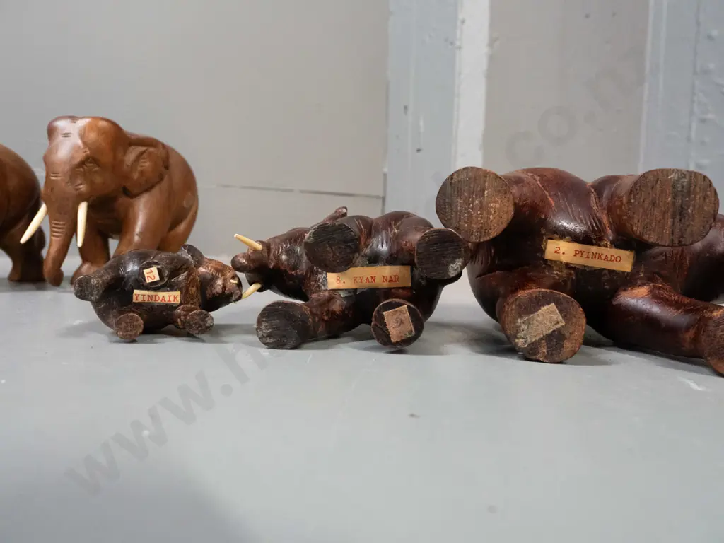 6 carved teak and other hardwood elephants. Largest is H-120 L-150 Image 1++
