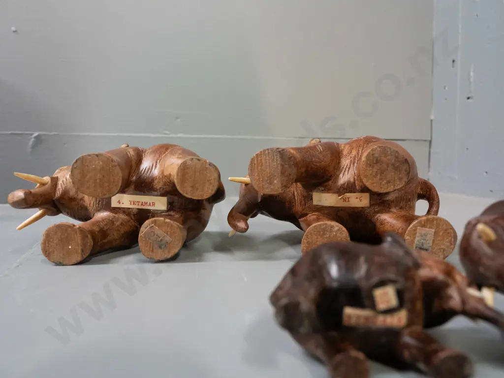 6 carved teak and other hardwood elephants. Largest is H-120 L-150 Image 1++