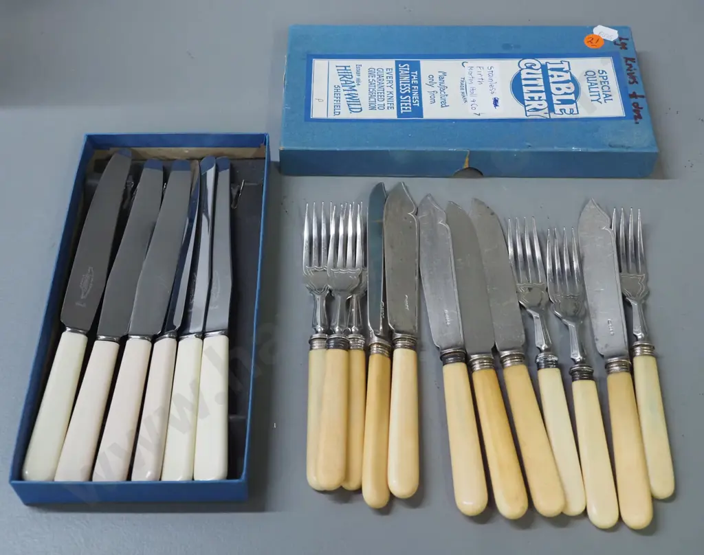vintage bone-handled cutlery - box of 6 Martin Hall & Co knives and loose set of 6 fish knives and forks Image 1++