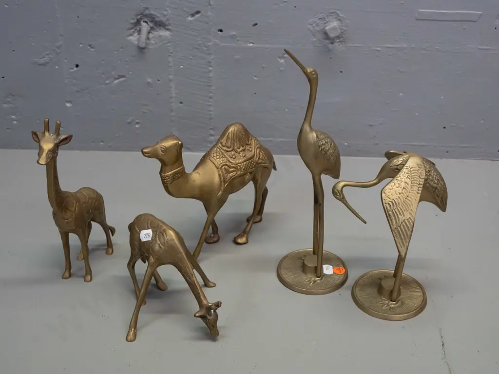 5 brass animal figurines - 2 cranes, 2 giraffes and a camel. Taller crane is H-280. Image 1++