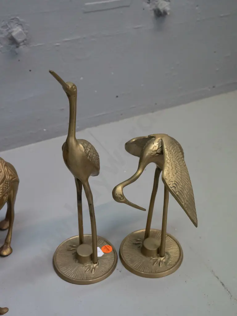 5 brass animal figurines - 2 cranes, 2 giraffes and a camel. Taller crane is H-280. Image 1++