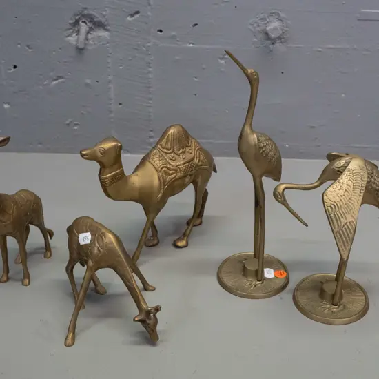 5 brass animal figurines - 2 cranes, 2 giraffes and a camel. Taller crane is H-280.
