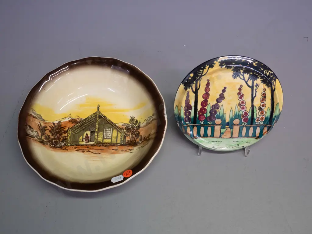 Wilkinsons Homeland series NZ Maori pa scene dish or shallow bowl D-220 and a Grimwades lustre hollyhock Image 1++