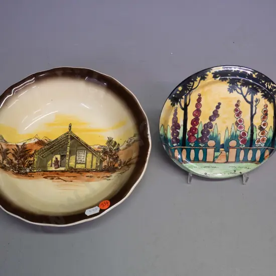 Wilkinsons Homeland series NZ Maori pa scene dish or shallow bowl D-220 and a Grimwades lustre hollyhock