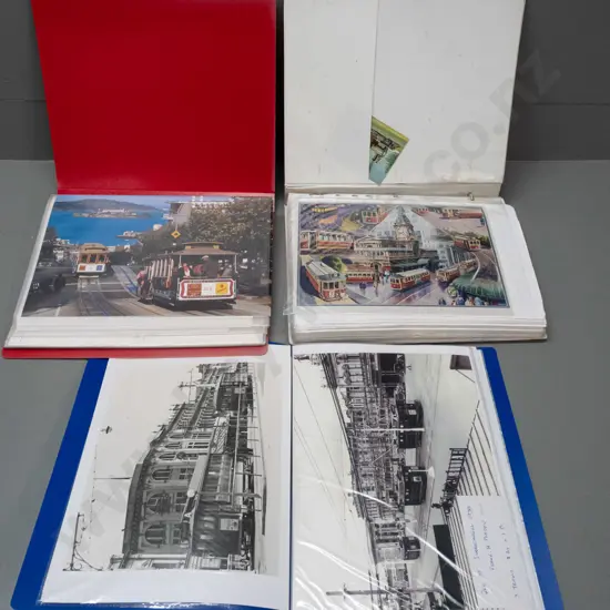 3 binders of streetcar and tram related photos, postcards and clippings - many Dunedin related, also Invercargill, San