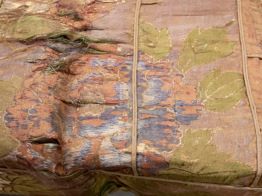 antique Japanese embroidered and lined fabric wall hanging with hanging rings along long edge - heron and applied mons Image 1++