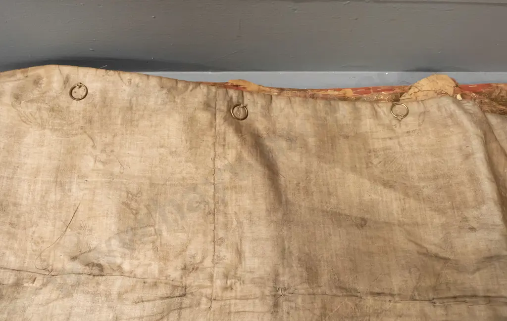 antique Japanese embroidered and lined fabric wall hanging with hanging rings along long edge - heron and applied mons Image 1++