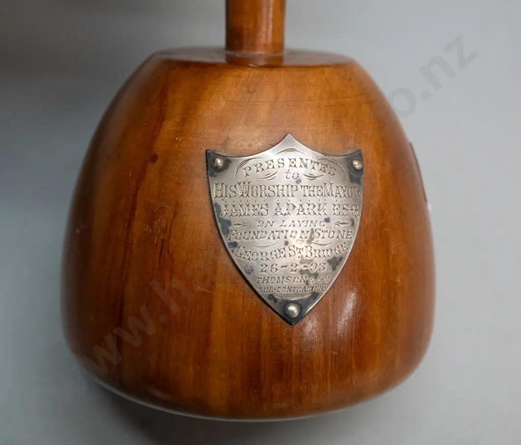 timber presentation mallet with 1903 engraved shield presentation to Dunedin mayor James Park on laying the foundation Image 1++