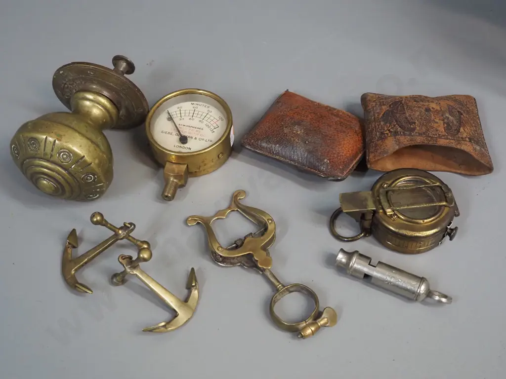 brass central door knob, brass compass faintly marked NZFS and Barker & Son (1932) tooled leather slip case, bosuns Image 1++
