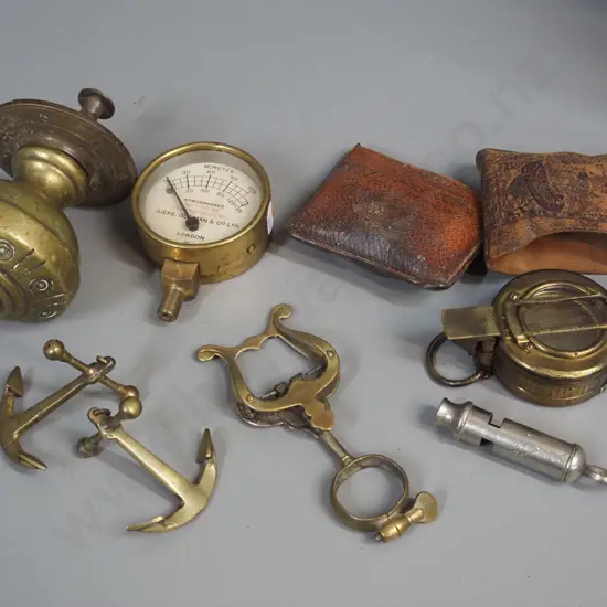 brass central door knob, brass compass faintly marked NZFS and Barker & Son (1932) tooled leather slip case, bosuns