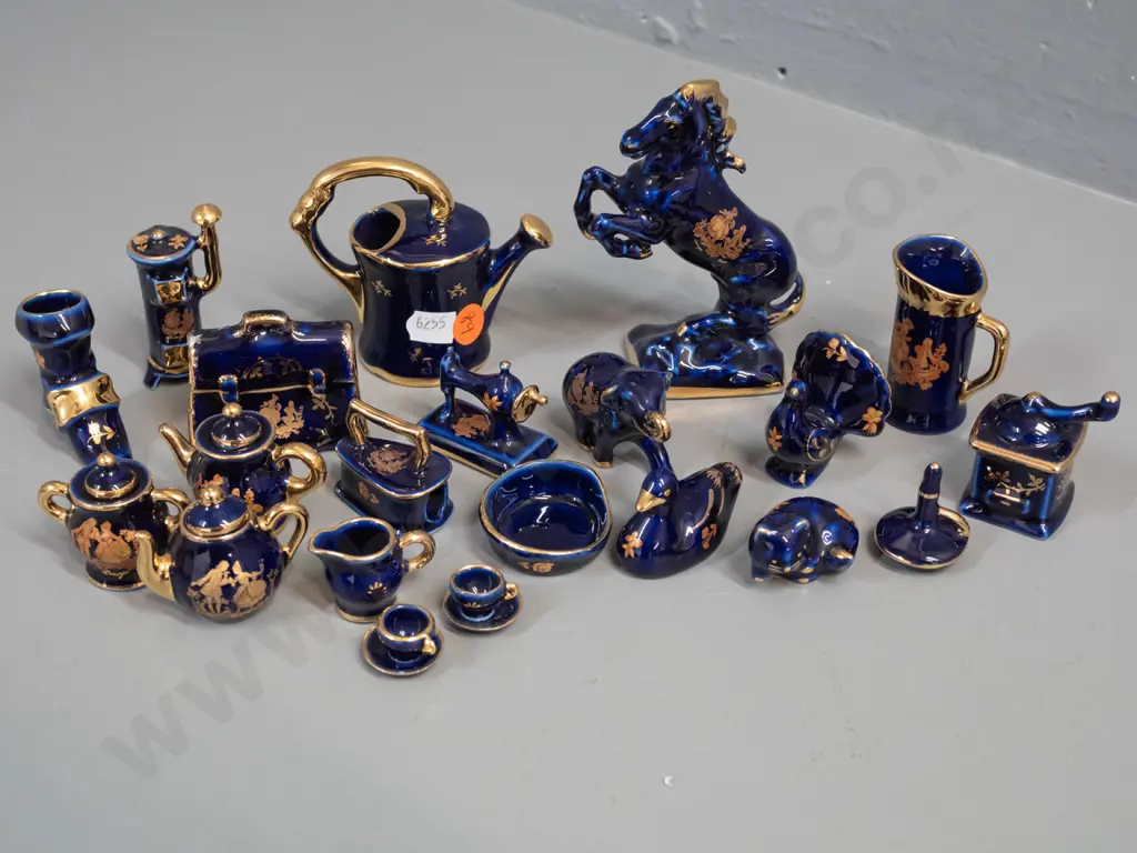 assorted miniature Limoges cobalt glaze ornaments - rearing horse H-120 birds, teapots, etc. Image 1++
