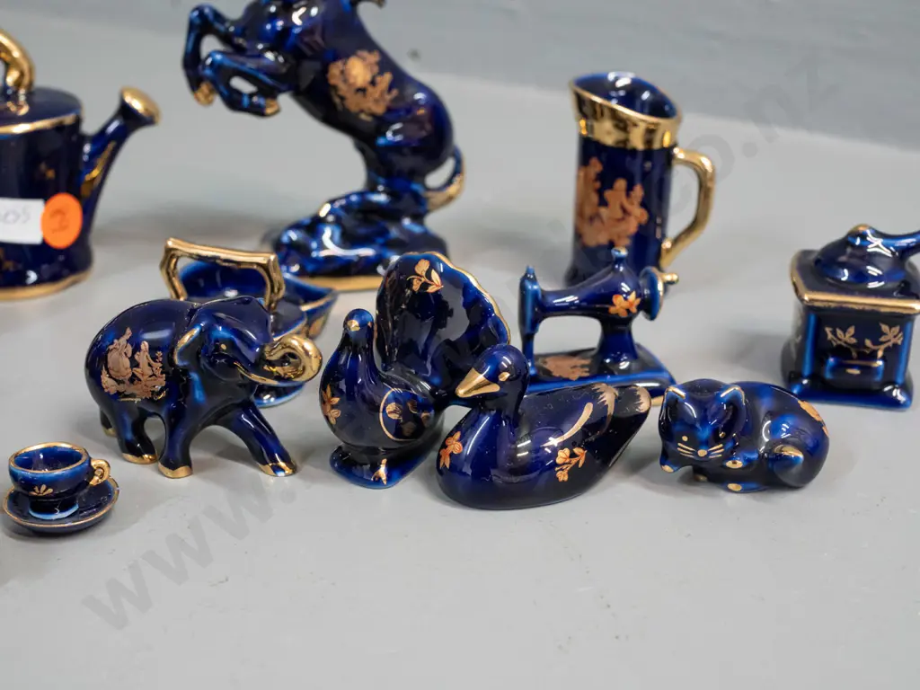 assorted miniature Limoges cobalt glaze ornaments - rearing horse H-120 birds, teapots, etc. Image 1++