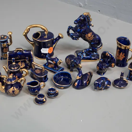 assorted miniature Limoges cobalt glaze ornaments - rearing horse H-120 birds, teapots, etc.