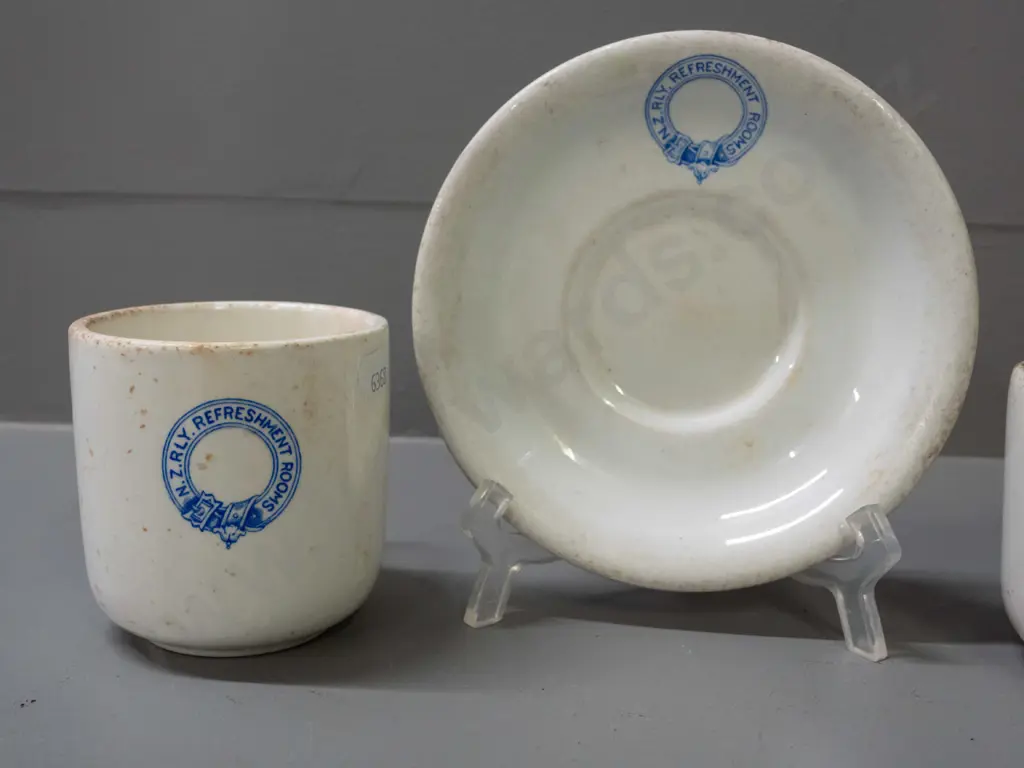 New Zealand Railways crockery - 3 mugs, 2 saucers, mix of makers - tea rooms logo cup by Maddock, saucer by Grindley, Image 1++