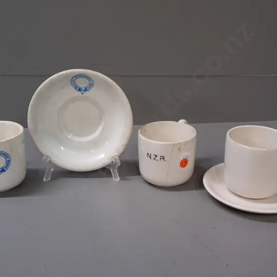 New Zealand Railways crockery - 3 mugs, 2 saucers, mix of makers - tea rooms logo cup by Maddock, saucer by Grindley,
