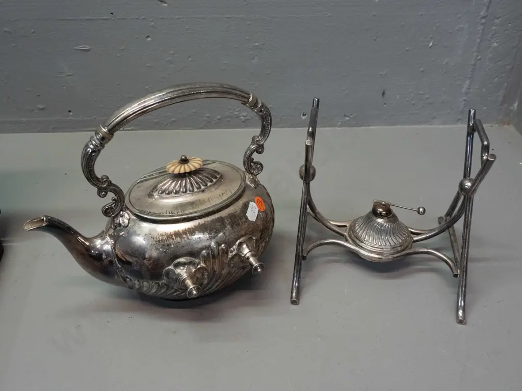 James Dixon & Sons plated spirit kettle with burner - bone knob on lid is loose, some wear to plating H-300 L-230 Image 1++